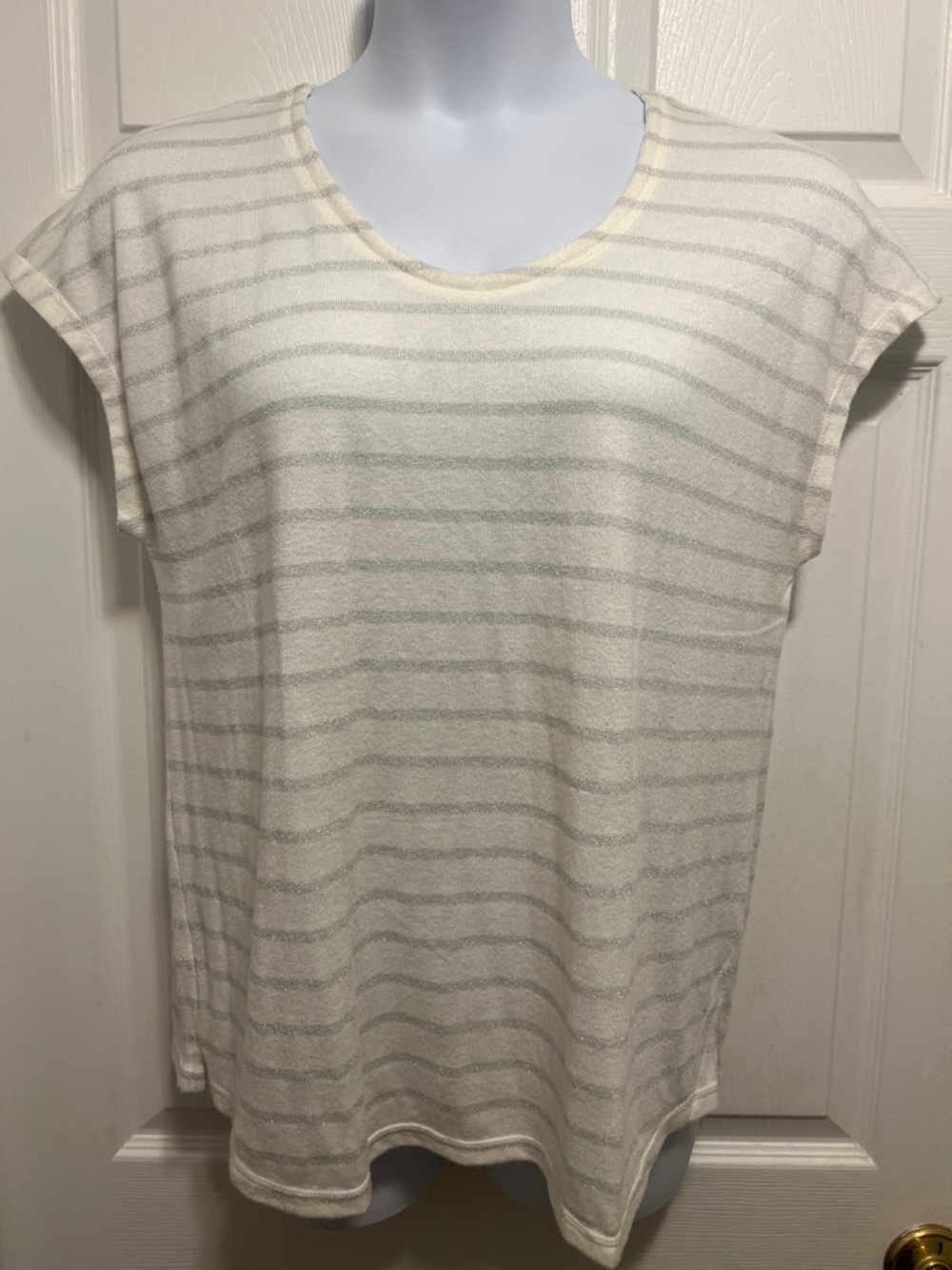 Talbots Cream and Light Gray Striped Short-Sleeve Top